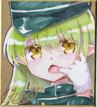 Rule 34 | 1girl, blue archive, blush, brown eyes, commentary request, fangs, gloves, green hair, green hat, green jacket, hair between eyes, hand up, hat, highres, hikari (blue archive), jacket, kuriyuzu kuryuu, long hair, long sleeves, mouth pull, photo (medium), pointy ears, shako cap, shikishi, short eyebrows, signature, solo, thick eyebrows, traditional media, upper body, white gloves