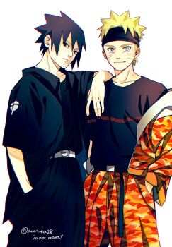 2boys arm_on_another&#039;s_shoulder black_eyes black_hair black_headband blonde_hair blue_eyes casual chromatic_aberration commentary_request facial_mark frown hands_in_pockets headband highres jacket male_focus multiple_boys naruto_(series) naruto_shippuuden onka_(aun_ka28) orange_jacket orange_pants pants shirt smile t-shirt twitter_username uchiha_sasuke uchiha_symbol uzumaki_naruto whisker_markings