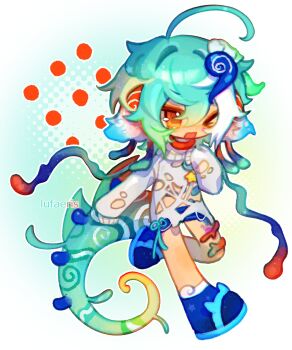 1girl ahoge animal_ears aqua_hair blue_shoes body_markings chibi chibi_only cloud_(lufaeris) commentary double-parted_bangs full_body grey_shirt hair_between_eyes highres huge_ahoge long_hair long_sleeves open_mouth orange_eyes original rectangular_mouth shirt shoes solo tail torn_clothes torn_shirt