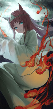 Rule 34 | 1girl, absurdres, amasa (ama sa3), animal ears, blue eyes, blush, brown hair, commentary request, feet out of frame, fire, ghost costume, ghost pose, grass wonder (umamusume), halloween, highres, horse ears, horse girl, japanese clothes, kimono, long hair, night, parted lips, shiroshouzoku, sky, solo, teeth, triangular headpiece, umamusume, white kimono