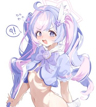 1girl @_@ absurdres ahoge blue_archive breasts commentary drill_hair english_commentary gloves hair_ornament halo highres long_hair magical_girl mawe127 multicolored_hair navel no_bra pink_hair pink_halo puffy_sleeves purple_eyes reisa_(blue_archive) reisa_(magical)_(blue_archive) simple_background small_breasts solo star_halo surprised twin_drills twintails two-tone_hair upper_body white_background white_gloves wing_hair_ornament wrist_cuffs