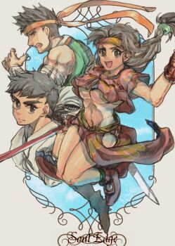 Rule 34 | 1girl, 2boys, black eyes, black hair, breasts, brown eyes, brown hair, character request, headband, hwang seong-gyeong, loincloth, long hair, midriff, multiple boys, open mouth, seong mi-na, short hair, soul calibur, soul edge, underboob, velnar