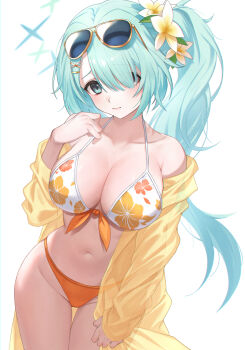 1girl bare_shoulders bikini blue_archive breasts cleavage deca_purio eyewear_on_head floral_print floral_print_bikini flower green_hair grey_eyes hair_flower hair_ornament hair_over_one_eye hairclip halo highres hiyori_(blue_archive) hiyori_(swimsuit)_(blue_archive) large_breasts long_hair long_sleeves looking_at_viewer multicolored_bikini navel off_shoulder orange_bikini print_bikini shirt side_ponytail solo sunglasses swimsuit thighs white_bikini yellow_shirt