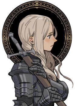 1girl armor body_armor commentary expressionless gauntlets highres holding holding_sword holding_weapon long_hair looking_to_the_side original prema-ja profile shoulder_armor solo sword symbol-only_commentary twitter_username weapon white_hair
