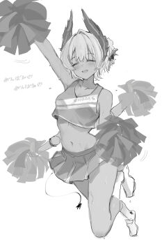 1girl :d ^_^ absurdres alternate_costume arknights arm_up breasts cable cable_tail cheerleader closed_eyes crop_top death_unagi extra_arms full_body greyscale head_wings highres mechanical_tail midriff monochrome navel open_mouth pleated_skirt pom_pom_(cheerleading) raidian_(arknights) short_hair simple_background sketch skirt small_breasts smile solo sweat tail thighs translation_request white_background wings