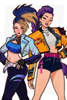 2girls absurdres akali belt black_gloves black_pants black_shorts bra braid brown_eyes center_opening clenched_teeth closed_mouth crop_top cropped_jacket crossover earrings fingerless_gloves bad_tag gloves grey_background hands_on_own_hips head_tilt high_ponytail highres jacket jewelry k/da_(league_of_legends) k/da_akali kpop_demon_hunters league_of_legends leaning_to_the_side long_braid long_hair long_sleeves looking_at_viewer looking_to_the_side multicolored_hair multiple_girls navel necklace official_alternate_costume open_clothes open_jacket pants parted_lips peter_chai ponytail purple_belt purple_hair red_lips rumi_(kpop_demon_hunters) shade shorts simple_background single_braid spiked_hair standing stomach streaked_hair tan teeth thick_lips thick_thighs thighs two-tone_hair underwear white_belt yellow_jacket