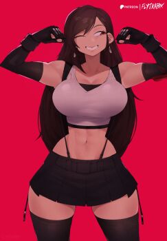 1girl abs breasts brown_hair cleavage elbow_gloves final_fantasy final_fantasy_vii flexing flytrapxx gloves highres large_breasts long_hair one_eye_closed patreon_username red_background red_eyes signature skirt smile solo tank_top teeth thighhighs thong tifa_lockhart toned toned_female