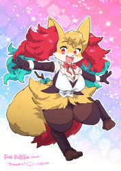 Rule 34 | 1girl, animal ear fluff, animal ears, artist name, black leotard, blonde hair, blue background, body fur, breasts, commission, creatures (company), detached collar, digitigrade, elbow gloves, fang, fox ears, fox girl, fox tail, full body, furry, furry female, game freak, gloves, gradient background, large breasts, leotard, looking at viewer, neck fur, neck ribbon, nintendo, open mouth, pink background, pokemon, pokemon (creature), red eyes, red ribbon, ribbon, standing, standing on one leg, tail, teko (tawake), thighhighs, twitter username, vest, white vest, yellow fur