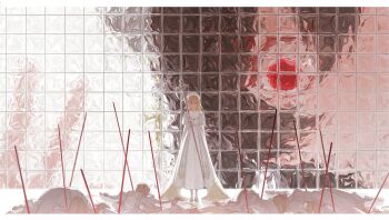 6+girls absurdres against_glass bin_aham box cross dress execution eye_focus full_body giant giantess glass glass_block_wall glass_wall hand_on_wall highres holding holding_cross holding_staff implied_murder in_box in_container looking_at_another looking_at_viewer multiple_girls original red_eyes reflection size_difference staff tiles white_dress