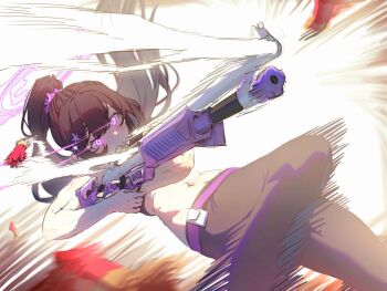 1girl benelli_m4 black_hair black_pants blue_archive breasts bullet casing_ejection firing flower gun halo highres holding holding_gun holding_weapon ilyowal long_hair midriff muzzle_flash navel pants ponytail purple_halo scrunchie shell_casing shotgun smoke smoking_barrel solo sports_bra sumire_(blue_archive) weapon white_sports_bra yoga_pants