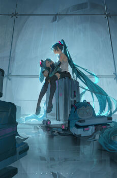 1girl absurdres aircraft airplane airport aqua_eyes aqua_hair artist_name backlighting backpack bag bare_shoulders black_sleeves character_doll clothes_on_floor collared_shirt dated detached_sleeves doll full_body grey_shirt hair_ornament hatsune_miku high_heels highres indoors long_hair necktie night number_tattoo open_suitcase profile rain reflection reflective_floor rolling_suitcase see-through_clothes shirt sitting skirt sleeveless solo stuffed_toy suitcase tattoo thighhighs twintails unworn_backpack unworn_bag very_long_hair vocaloid water_drop window zettai_ryouiki zm-panda