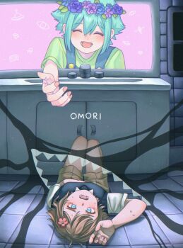 2boys absurdres basil_(faraway)_(omori) basil_(headspace)_(omori) basil_(omori) bathroom blonde_hair blue_eyes blue_overalls blush brown_shorts closed_eyes collared_shirt copyright_name double-parted_bangs faucet flower flower_wreath green_hair green_shirt green_sweater_vest hair_between_eyes hair_flower hair_ornament head_wreath highres indoors kmyq4knnni5257 lower_teeth_only lying mirror multiple_boys omori on_back open_mouth overalls shirt short_sleeves shorts sidelocks sink smile something_(omori) sweat sweater_vest t-shirt teeth tongue white_shirt window