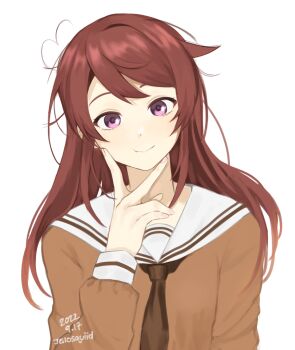 Rule 34 | 1girl, 2022, :t, ahoge, arm at side, artist name, breasts, brown hair, brown necktie, brown shirt, closed mouth, commentary, dated, english commentary, fingernails, hair flaps, hand up, heart, heart ahoge, highres, inward w, jellosquiid, long hair, long sleeves, looking at viewer, necktie, original, pink eyes, puffy long sleeves, puffy sleeves, sailor collar, school uniform, shirt, sidelocks, simple background, small breasts, smile, solo, straight-on, swept bangs, tareme, upper body, w, w over mouth, white background, white sailor collar