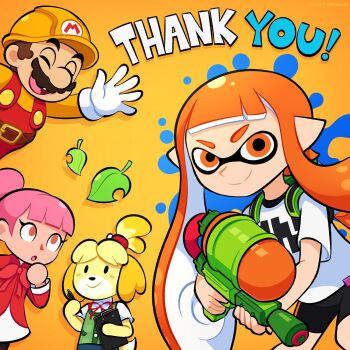 Rule 34 | 1boy, 3girls, animal crossing, bike shorts, clipboard, closed mouth, commentary, company connection, dog girl, english commentary, facial hair, game console, gloves, gun, highres, holding, holding clipboard, holding gun, holding pen, holding weapon, inkling girl, inkling player character, isabelle (animal crossing), leaf, long hair, looking at viewer, mario, mario (series), multiple girls, mustache, nintendo, orange eyes, orange hair, pen, pink hair, print shirt, shirt, smile, solid oval eyes, splatoon (series), splatoon 1, splattershot (splatoon), super mario maker, tentacle hair, thank you, villager (animal crossing), vinny (dingitydingus), weapon, white gloves, white shirt, wii u