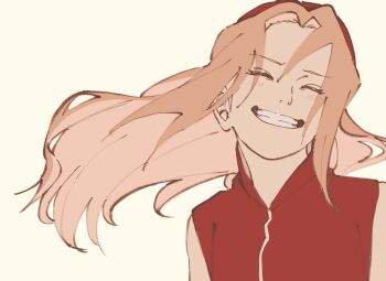 Rule 34 | 1girl, closed eyes, furrowed brow, grin, hair between eyes, haruno sakura, headband, highres, long hair, naruto (series), parted bangs, parted lips, pink hair, pnpk 1013, red headband, red vest, simple background, sketch, smile, solo, teeth, upper body, vest