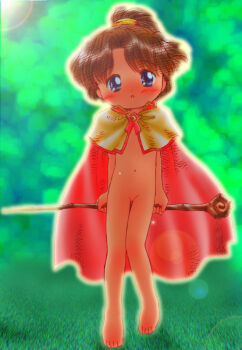 1girl barefoot blue_eyes blush brown_hair cape female_focus final_fantasy final_fantasy_iv flat_chest grass green_background holding holding_staff lens_flare loli looking_at_viewer naked_cape navel nude open_mouth pink_cape ponytail porom short_hair square_enix staff staff_(weapon) standing yamano_konzaburo