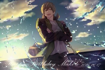 1boy black_pants brown_hair cloud collared_jacket commentary_request crew_neck crossed_arms dated english_text free! green_eyes happy_birthday jacket long_sleeves male_focus ocean open_clothes open_jacket open_mouth outdoors pants parted_bangs popped_collar shirt short_hair sky smile solo standing sun t-shirt tachibana_makoto twitter_username water white_shirt yuzuru_ru_ru