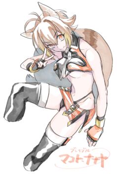 1girl animal_ears bare_shoulders blazblue breasts brown_eyes brown_hair crop_top fingerless_gloves gloves makoto_nanaya microskirt midriff short_hair sitting skirt sleeveless squirrel_ears squirrel_girl squirrel_tail tail thighhighs thong toandeeee underboob v white_background