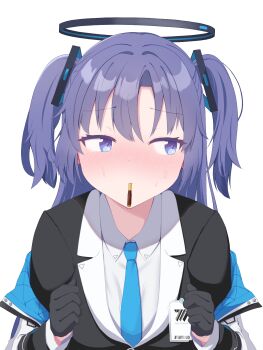 1girl ^_^ black_gloves black_jacket blue_archive blue_necktie blush closed_eyes collared_shirt commentary_request food food_in_mouth gloves hair_ornament halo highres id_card inaduma-0505 jacket jacket_partially_removed long_hair looking_at_another mechanical_halo millennium_science_school_logo necktie pocky pocky_in_mouth pocky_kiss purple_hair shared_food shirt sidelocks simple_background triangle_hair_ornament twintails waiting_for_kiss white_background white_shirt yuuka_(blue_archive)