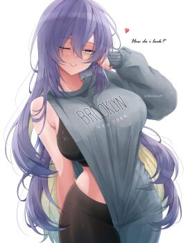1girl ;) blush breasts brooklyn_sweater hashtag-only_commentary highres hololive hololive_indonesia horisu_(kholiskun) large_breasts long_hair looking_at_viewer moona_hoshinova multicolored_hair one_eye_closed purple_eyes purple_hair smile sportswear sweater virtual_youtuber wide_hips