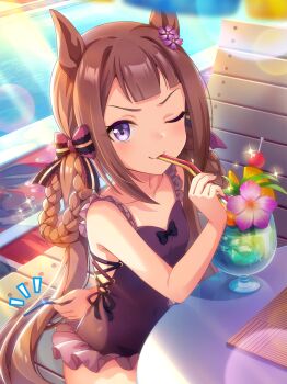 1girl :3 ^^^ absurdres animal_ears arm_behind_back backlighting black_bow blunt_bangs bow bow_swimsuit braid braided_hair_rings breasts brown_hair casual_one-piece_swimsuit chair cherry closed_mouth collarbone colored_eyelashes covered_navel cowboy_shot cross-laced_clothes cup drinking drinking_straw flat_chest flower food frilled_one-piece_swimsuit frills from_side fruit game_cg hair_bow hair_flower hair_ornament hair_rings hand_up highres holding holding_drinking_straw horse_ears horse_girl horse_tail lace-trimmed_bow lace_trim lens_flare light_blush light_rays long_hair looking_at_viewer lounge_chair low_twintails official_alternate_costume official_art one-piece_swimsuit one_eye_closed orange_(fruit) orange_slice outdoors pink_bow pool poolside purple_eyes purple_flower purple_one-piece_swimsuit sidelocks sitting small_breasts smile solo sparkle striped_bow sunbeam sunlight sweep_tosho_(it&#039;s_all_mine!)_(umamusume) sweep_tosho_(umamusume) swimsuit table tail twin_braids twintails umamusume v-shaped_eyebrows very_long_hair water