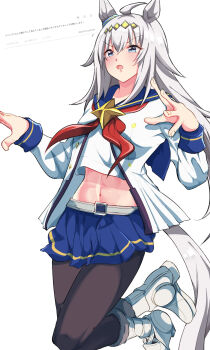 Rule 34 | 1girl, animal ears, black pantyhose, blue sailor collar, blue skirt, blush, boots, commentary request, grey hair, hair between eyes, highres, horse ears, horse girl, horse tail, long hair, navel, neckerchief, oguri cap (starlight beat) (umamusume), oguri cap (umamusume), open mouth, pantyhose, red neckerchief, sailor collar, shirt, skirt, smoke klll, solo, stomach, tail, umamusume, white boots, white shirt