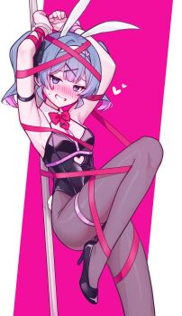 Rule 34 | 1girl, absurdres, animal ears, arms up, black leotard, black shoes, blue eyes, blue hair, blush, bow, bowtie, breasts, commentary, cowboy shot, detached collar, double-parted bangs, fake animal ears, grey pantyhose, hair ornament, hatsune miku, heart, high heels, highres, knee up, leotard, looking at viewer, miku day, namin (namin star), pantyhose, pink background, pink bow, pink bowtie, pink ribbon, playboy bunny, pole, rabbit ears, rabbit hole (vocaloid), restrained, ribbon, shoes, short hair, small breasts, small sweatdrop, smile, solo, stripper pole, twintails, vocaloid, x hair ornament