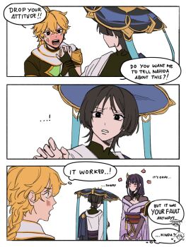 ! !! ...! 1girl 2boys 3koma ^_^ aether_(genshin_impact) ahoge anger_vein angry apologizing black_hair blonde_hair blue_headwear blush braid closed_eyes comic commentary english_commentary english_text genshin_impact hair_between_eyes hair_ornament hat highres japanese_clothes jerukin jingasa kimono long_hair looking_at_another low-braided_long_hair low-tied_long_hair mother_and_son multiple_boys obi purple_hair purple_kimono raiden_shogun sash scaramouche_(genshin_impact) scarf short_hair short_sleeves shouting speech_bubble thought_bubble wanderer_(genshin_impact) white_background white_scarf