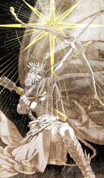 1girl arrow_(projectile) black_background bow_(weapon) breasts cape commentary_request covered_face crown drawing_bow fate/grand_order fate_(series) game_cg holding holding_bow_(weapon) holding_weapon medium_hair official_art sakamoto_mineji solo squatting third-party_source weapon