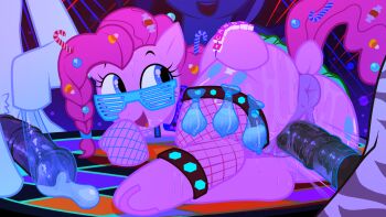 anus ass blue_eyes candy colored_skin condom condom_belt condom_on_penis cum erection fishnet_thighhighs fishnets food furry glasses hetero highres hooves horse horse_tail jewelry lying multiple_condoms my_little_pony my_little_pony:_friendship_is_magic necklace non-web_source party penis pink_hair pink_skirt pinkie_pie pony_(animal) pussy sex skirt smile sweat tail thighhighs used_condom vaginal zebra