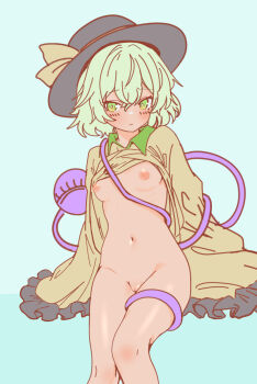1girl arm_support black_hat blouse blue_background blush bottomless breasts closed_eyes clothes_lift collar collared_shirt cropped_legs frilled_sleeves frills green_collar green_eyes green_hair groin hat hat_ribbon highres komeiji_koishi legs_together long_sleeves medium_hair midriff nipples pussy ribbon shirt shirt_lift simple_background sleeves_past_fingers sleeves_past_wrists small_breasts soara_shimomo third_eye touhou two-tone_background wide_sleeves yellow_ribbon yellow_shirt
