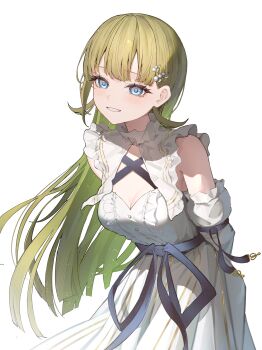 1girl absurdres arms_behind_back bare_shoulders blue_eyes breasts cleavage dress green_hair grin hanabusa_lisa hanabusa_lisa_(1st_costume) highres leaning_forward long_hair mizu_(sui) parted_bangs pearl_hair_ornament simple_background sleeveless sleeveless_dress smile solo upper_body virtual_youtuber vspo! white_background white_dress