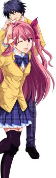 1boy 1girl black_thighhighs blazer blue_hair bow bowtie breasts brown_jacket chaos;head collared_shirt dress_shirt hair_bow highres ikuhashi_muiko jacket lapels miniskirt nervous_sweating nishijou_takumi notched_lapels one_eye_closed one_side_up open_mouth pants pink_eyes pink_hair plaid_bow plaid_bowtie plaid_clothes plaid_pants plaid_skirt pleated_skirt purple_bow purple_bowtie purple_pants purple_skirt sakihata_rimi salute school_emblem school_uniform science_adventure shirt shoes skirt small_breasts suimei_academy_school_uniform sweat thighhighs tongue white_background white_shirt yellow_eyes
