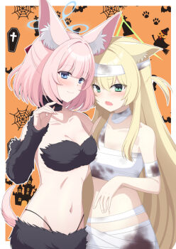 2girls alternate_costume animal_ear_fluff animal_ears bandaged_arm bandaged_head bandaged_neck bandaged_torso bandages bare_shoulders black_fur blonde_hair blue_archive blue_eyes blue_halo blunt_bangs blush border breasts cleavage closed_mouth collarbone commentary_request cowboy_shot detached_sleeves eko eyes_visible_through_hair fang fox_ears fox_girl fox_tail fur_bra fur_skirt green_eyes green_halo hair_between_eyes half_updo halloween halloween_costume halo hand_up kurumi_(blue_archive) long_hair looking_at_viewer medium_breasts medium_hair multiple_girls mummy_costume navel niko_(blue_archive) one_side_up open_mouth orange_background outline outside_border paid_reward_available sidelocks simple_background skin_fang small_breasts smile stomach straight_hair tail very_long_hair werewolf_costume white_border white_outline