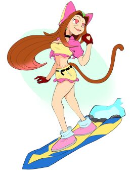 1girl 2024 :d arm_at_side balancing belt black_choker blush bow breasts brown_hair cat_girl cat_tail choker cleavage clenched_hand clothing_cutout collarbone commentary crop_top cropped_jacket curtained_hair earrings english_commentary exhaust female_focus floating_hair forehead foxcrowrabbit frilled_shirt frilled_skirt frills full_body gem gloves green_gemstone groin hair_bow hair_intakes happy heart heart_cutout highres hoverboard jacket jewelry legs_apart light_blush logo long_hair looking_to_the_side medium_breasts midriff miniskirt mole mole_on_cheek navel open_clothes open_jacket open_mouth pink_bow pink_jacket pink_shoes pocket red_gloves sara_(sonic) sega shirt shoes sidelocks skirt sleeves_rolled_up smile solo sonic_(series) sonic_riders_(series) sonic_the_hedgehog_(ova) standing stomach tail thighs tongue yellow_shirt yellow_skirt