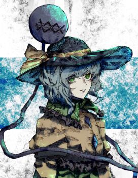 Rule 34 | 1girl, black hat, blouse, bow, bright pupils, buttons, closed mouth, commentary, dauchimk 1, diamond button, expressionless, eyeball, frilled shirt collar, frills, green eyes, green hair, green skirt, hat, hat bow, hat ribbon, highres, koishi day, komeiji koishi, lips, long sleeves, looking at viewer, medium hair, nose, ribbon, shirt, simple background, skirt, solo, third eye, touhou, upper body, wavy hair, yellow bow, yellow shirt