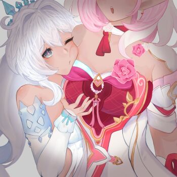 2girls :o bare_shoulders blue_eyes breasts commentary_request detached_sleeves dress elf elysia_(hi_love_elf)_(honkai_impact) elysia_(honkai_impact) eyes_out_of_frame grabbing_another&#039;s_breast groping head_out_of_frame highres honkai_(series) honkai_impact_3rd kiana_kaslana kiana_kaslana_(ba-dum!_fiery_wishing_star) kiana_kaslana_(wintery_wishes) large_breasts long_hair multicolored_hair multiple_girls nanakoio official_alternate_costume pink_hair pointy_ears portuguese_commentary red_dress tiara two-tone_hair very_long_hair white_dress white_hair yuri