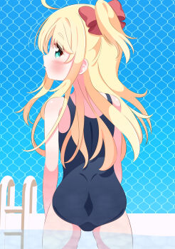 1girl ahoge aqua_eyes ass blonde_hair blue_one-piece_swimsuit blue_school_swimsuit blush bow chain-link_fence fence from_behind hair_bow highres himesaka_noa ladder loli long_hair looking_at_viewer looking_back one-piece_swimsuit open_mouth ponytail pool r245 red_bow school_swimsuit side_ponytail sky standing swimsuit wading watashi_ni_tenshi_ga_maiorita! water