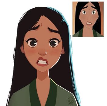 1girl animification artist_request asian black_hair brown_eyes chinese_clothes commentary_request fa_mulan_(disney) long_hair looking_at_viewer makeup mulan_(movie) non-web_source screenshot_inset shirt short_hair simple_background solo source_request