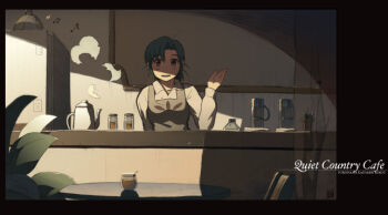 1girl :d apron bar_(place) beamed_quavers black_border blush border breasts brown_eyes cafe chair coffee_maker coffee_pot collared_shirt dagashi_(place) day female_focus green_hair grey_apron hatsuseno_alpha indoors jar long_sleeves looking_at_viewer medium_breasts musical_note open_mouth quaver radio refrigerator shirt smile solo steam sunlight table white_shirt wing_collar yokohama_kaidashi_kikou