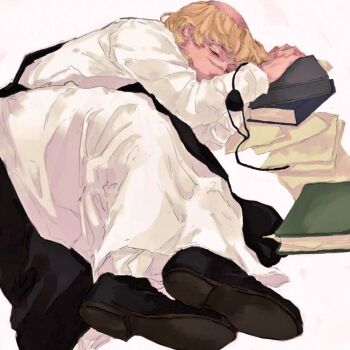 1boy badeni black_shoes black_tabard blonde_hair book chi.:_chikyuu_no_undou_ni_tsuite closed_eyes eyepatch full_body male_focus mede_teru paper robe scar scar_on_face scar_on_nose shoes short_hair sleeping solo tabard tonsure unworn_eyepatch white_background white_robe