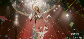 1girl absurdres arm_up audience balancing ballerina ballet_slippers bird blonde_hair blue_eyes bow bowtie braid braided_bangs circus confetti copyright_name copyright_notice curtains dove dress frilled_dress frills from_below hands_up highres indoors kiperina kurikabacha layered_dress leg_ribbon logo long_hair looking_to_the_side official_art puffy_short_sleeves puffy_sleeves red_bow red_bowtie red_ribbon red_shoes reverse:1999 ribbon shoes short_dress short_sleeves solo spotlight stage_curtains streamers tightrope truss tutu watermark weibo_watermark white_bird white_dress wide_shot