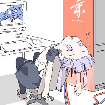 at_computer bandaid bandaids_on_nipples black_skirt black_sleeves black_thighhighs blush_stickers breasts brown_shoes cable chair computer computer_keyboard computer_mouse from_behind full_body ghost_in_the_shell ghost_in_the_shell:_stand_alone_complex head_back jaggy_lines leaning_back loafers lokulo-chan_(lokulo_no_mawashimono) lokulo_no_mawashimono loli long_hair looking_up lowres no_animal_ears on_chair original pasties puffy_short_sleeves puffy_sleeves purple_eyes purple_hair shoes short_sleeves shrug_(clothing) simple_background sitting skirt small_breasts tachikoma thighhighs topless_female translation_request triangle_mouth twintails white_background