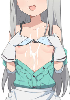 1boy apron aqua_dress aqua_shirt blend_s blouse blurry bra bra_lift breasts clothes_lift collarbone crossdressing crossdressing_(mtf) cum cum_on_body cum_on_breasts cum_on_chest cum_on_upper_body dress genderswap genderswap_(mtf) gloves grey_hair head_out_of_frame highres kanzaki_hideri lifting_own_clothes long_hair male_focus morisobo nipples open_clothes open_dress open_mouth open_shirt shirt shota simple_background single_stripe skirt small_breasts solo trap underwear upper_body very_long_hair white_background white_gloves white_skirt