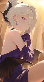 1girl blue_archive blush breasts demon_girl demon_horns demon_wings dress eiyuo elbow_gloves gloves highres hina_(blue_archive) hina_(dress)_(blue_archive) horns indoors long_hair looking_at_viewer low_wings purple_dress purple_eyes purple_gloves sitting small_breasts solo white_hair wings