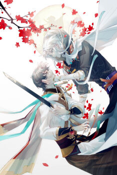 2boys absurdres animal_print aqua_eyes aqua_ribbon arm_guards belt black_hair black_hanfu black_robe black_shirt boneless_carp_(the_tale_of_food) branch brown_sash cape chinese_clothes chinese_commentary cowboy_shot curtained_hair eye_contact falling_petals fish_print flower from_side full_moon hair_between_eyes hair_over_shoulder hand_on_another&#039;s_cheek hand_on_another&#039;s_face hanfu highres holding holding_sword holding_weapon hood hood_up hooded_robe long_hair long_sidelocks long_sleeves looking_at_another low-tied_sidelocks low_ponytail male_focus moon multiple_boys parted_bangs parted_lips petals ponytail profile purple_sash red_belt red_cape red_flower red_petals ribbon robe sash shirt short_hair sidelocks silhouette snniou sword taibai_duck_(the_tale_of_food) tassel the_tale_of_food two-sided_cape two-sided_fabric waist_sash weapon white_background white_cape white_hair white_hanfu white_robe yaoi yellow_eyes