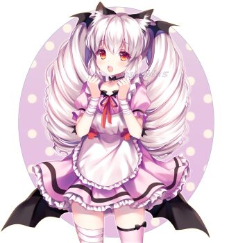 1girl :d animal_ear_fluff animal_ears apron art_trade artist_name asymmetrical_legwear bandaged_leg bandaged_wrist bandages black_choker black_wings blush border bow bow_choker cat_ears choker clenched_hands commentary cowboy_shot dress drill_hair english_commentary fake_animal_ears frilled_apron frilled_sleeves frills hair_between_eyes hands_up head_wings highres long_hair looking_at_viewer low_wings neck_ribbon open_mouth original outline outside_border oval_image petticoat pink_background pink_dress pink_thighhighs polka_dot polka_dot_background puffy_short_sleeves puffy_sleeves red_eyes red_ribbon ribbon sasucchi95 short_sleeves simple_background single_horizontal_stripe single_thighhigh smile solo teeth thighhighs tongue twin_drills upper_teeth_only white_apron white_border white_hair white_outline wings