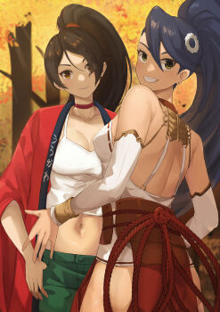 2girls adopot black_hair breasts cosplay costume_switch hair_ornament highres medium_breasts mega_man_battle_network momiji_(ninja_gaiden) multiple_girls ninja_gaiden ponytail purple_hair shiraizumi_tamako smile tank_top