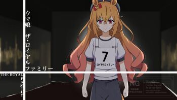 absurdres ahoge alternate_costume animal_ears beret breasts character_name commentary_request dark_background hair_between_eyes hair_ornament hat highres horse_girl long_hair looking_at_viewer orange_eyes orange_hair ribbon royal_family_(the_royal_family) ryochan96154 shorts small_breasts smile the_royal_family_(tv_series)