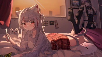 1girl :3 absurdres animal_ear_fluff animal_ears bedroom black_socks cat_ears cat_girl cat_tail cellphone closed_mouth collared_shirt commentary_request creature evening fang grey_hair grey_shirt hand_up highres holding holding_phone indoors kneehighs korean_commentary legs_up long_hair long_sleeves looking_at_viewer lunyaria lying mannequin maro_(neneko_mashiro) multicolored_hair neneko_mashiro no_shoes official_art on_bed on_stomach one_side_up parted_bangs phone plaid_clothes plaid_skirt pleated_skirt poster_(object) red_skirt shirt skirt smartphone socks soles solo stellive streaked_hair tail toes turning_head unworn_clothes virtual_youtuber window wing_collar